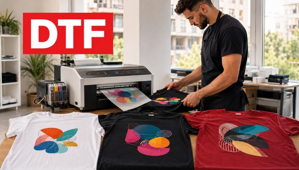 Chico realizando impresión de camisetas DTF personalizadas en Barcelona