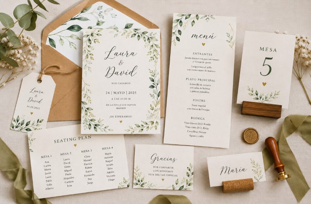 Conjunto de papelería de boda personalizada con invitaciones, sobres, menú, seating plan, números de mesa, tarjetas de agradecimiento y marcasitios con diseño floral elegante.