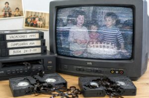 Cinta VHS rota con la cinta magnética fuera y un televisor antiguo mostrando interferencias y rayas. Imagen que representa el deterioro de los vídeos familiares antes de digitalizarlos.