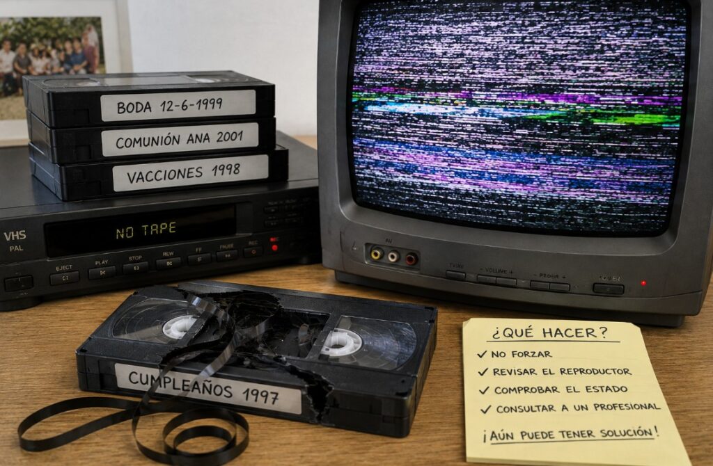 Cinta VHS dañada con la cinta magnética fuera, junto a un reproductor VHS y un televisor antiguo con interferencias. Imagen sobre la recuperación y digitalización de cintas VHS.