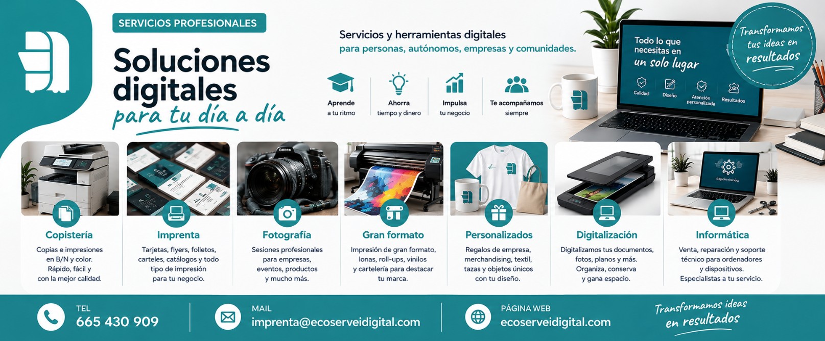 Banner de Ecoservei Digital con servicios de copistería, imprenta, fotografía, gran formato, productos personalizados, digitalización e informática en Barcelona.