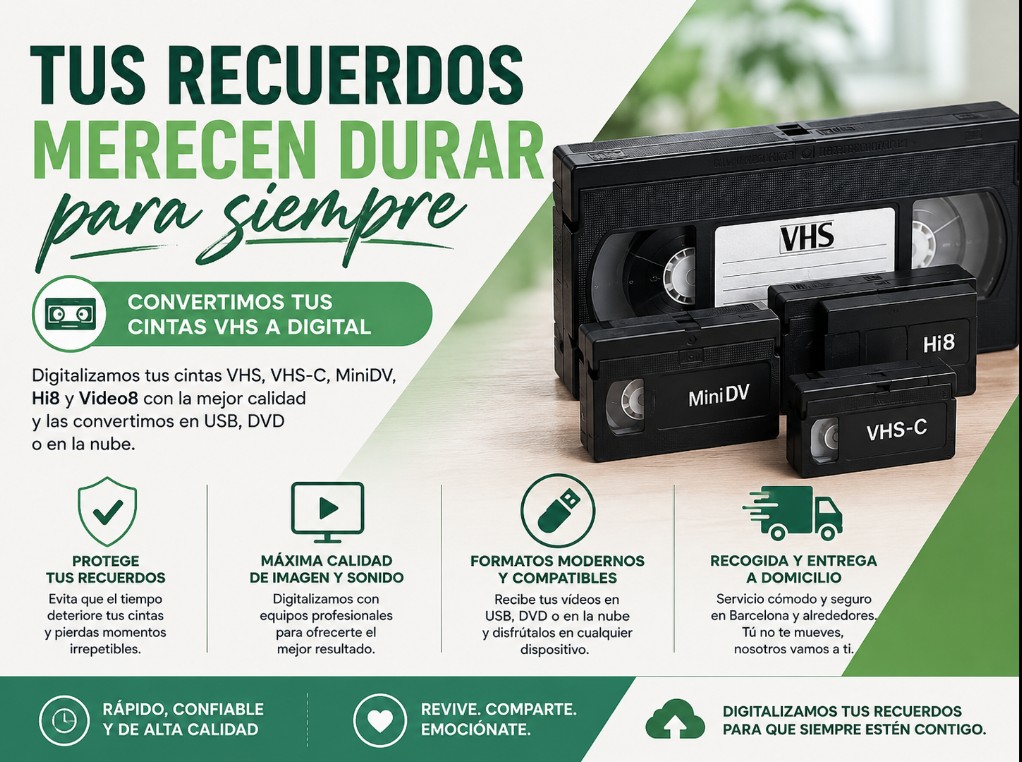 Digitalización de cintas VHS, VHS-C, Hi8, Video8 y MiniDV a formato digital en Barcelona
