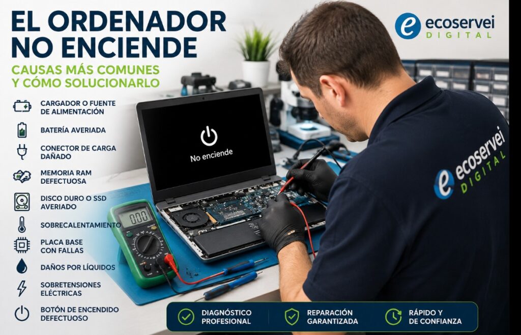 Técnico de Ecoservei Digital diagnosticando un ordenador portátil que no enciende para detectar una avería en la batería, placa base, memoria RAM o sistema de alimentación.