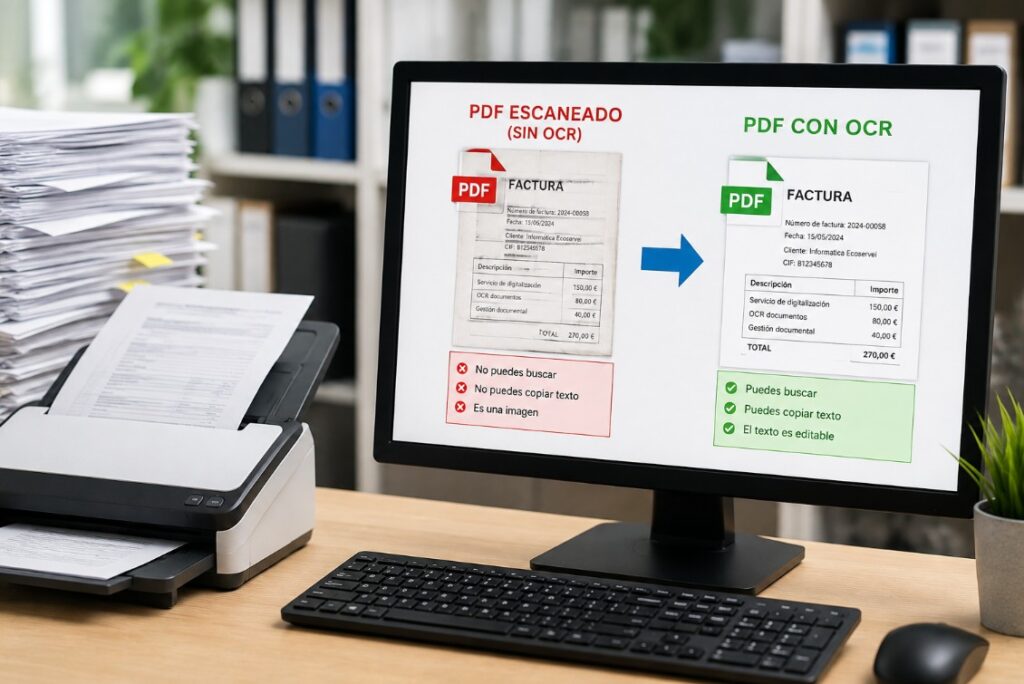 Comparativa entre un PDF escaneado sin OCR y un PDF con OCR mostrando cómo el reconocimiento óptico de caracteres permite buscar, copiar y editar el texto de un documento digitalizado.