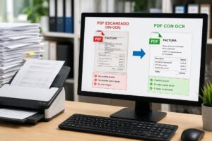 Comparativa entre un PDF escaneado sin OCR y un PDF con OCR mostrando cómo el reconocimiento óptico de caracteres permite buscar, copiar y editar el texto de un documento digitalizado.