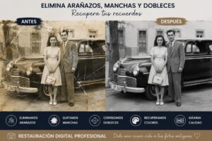 Comparativa antes y después de la restauración digital de una fotografía antigua con arañazos, manchas y dobleces eliminados.