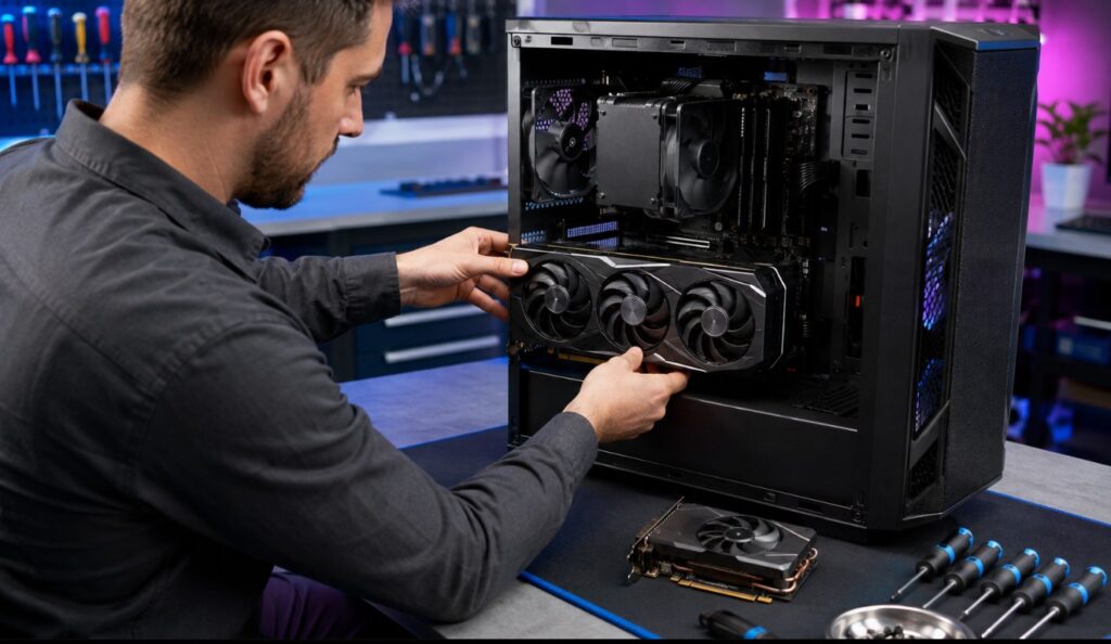 Técnico realizando el cambio y ampliación de la tarjeta gráfica de un PC gaming