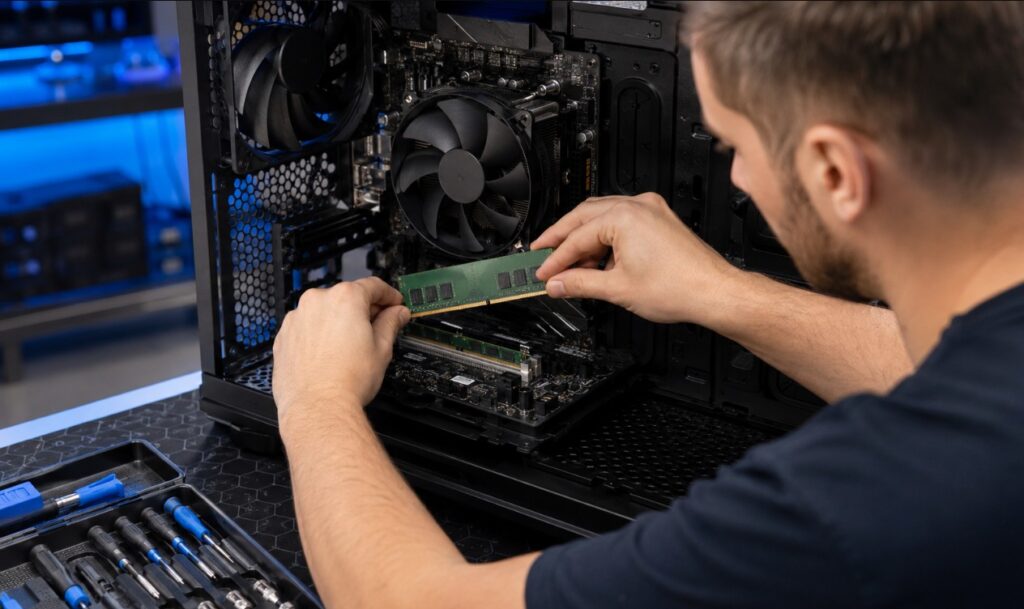 Técnico realizando el cambio y ampliación de memoria RAM en un ordenador