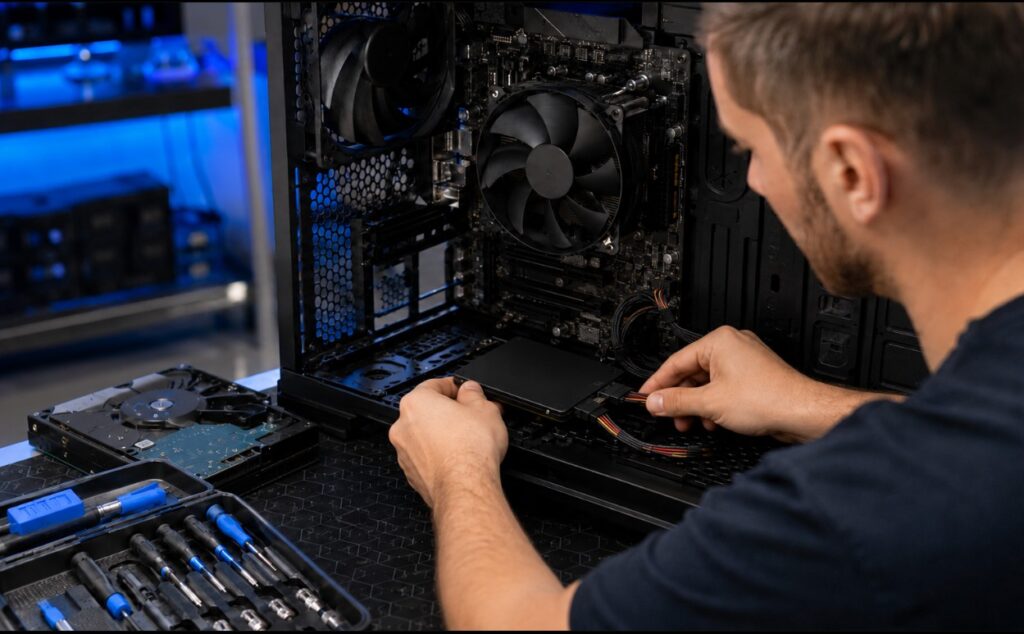 Técnico cambiando un disco duro HDD por un SSD en un ordenador