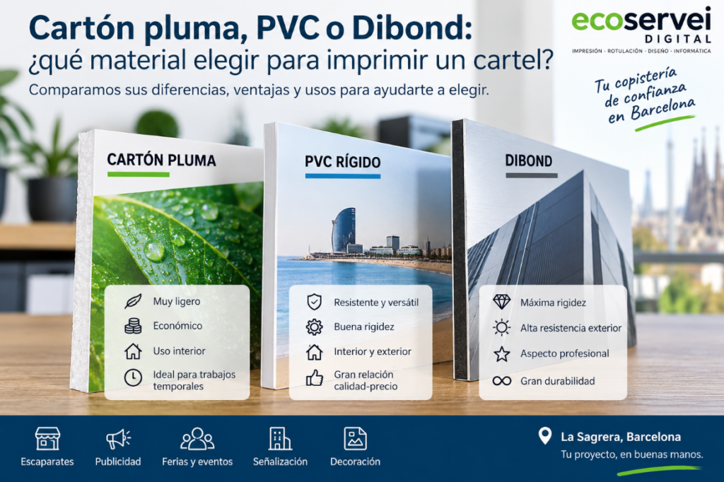 Comparativa de cartón pluma, PVC rígido y Dibond para imprimir carteles